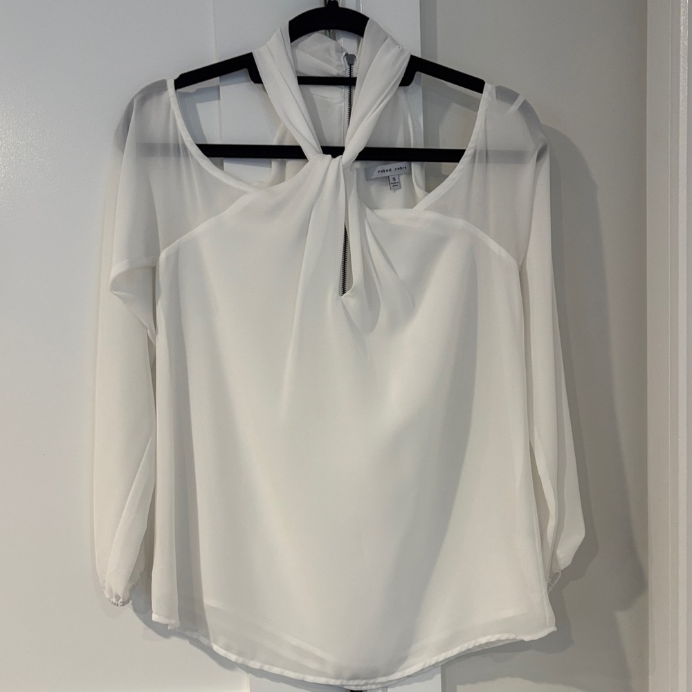 naked zebra White Chiffon Blouse with Tie Knot Neck Size Small